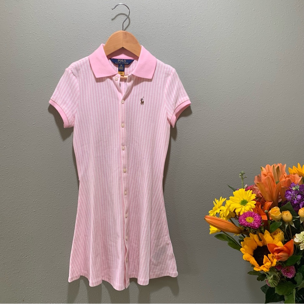 Ralph Lauren // Girls Button Down Knit Oxford Dress - Pink & White - Size 6X